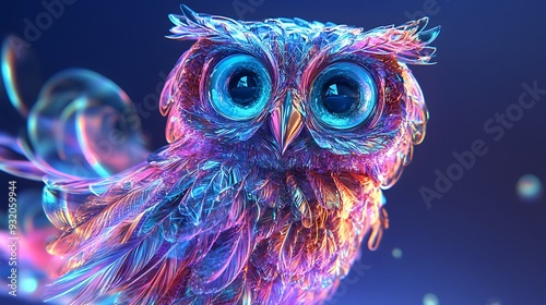 Luminescent Glass Owl in Neon Style with Wide Eyes on Indigo Background, 3D Render with High Resolution Feathers Detail