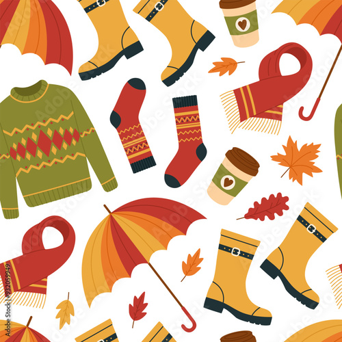 Seamless pattern with autumn warm clothes. Sweater, scarf, rubber boots, socks, umbrella and coffee cup. Cozy outdoor outfit. Fall season print. Vector flat illustration isolated on white background