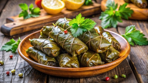 Delicately prepared dolma, a traditional Middle Eastern dish, featuring tender rice and spices carefully wrapped in fresh, green grape vine leaves. photo