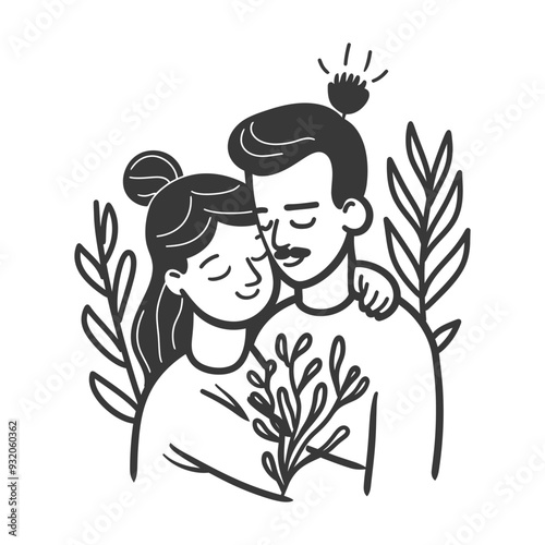 A Couple Embracing with Flowers and Leaves Surrounding Them