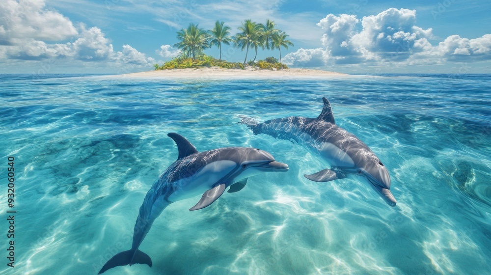 Fototapeta premium Dolphins Swimming in a Tropical Paradise