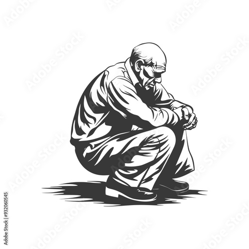 A Depressed Elderly Man Sitting With His Head Down