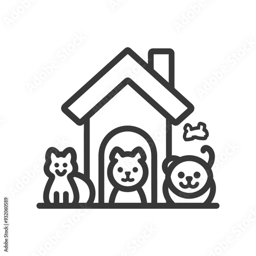 A Dog and Two Cats by a Pet House
