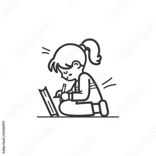 A girl sitting with her legs crossed drawing in a book