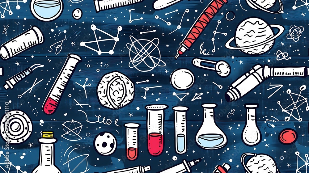 A seamless pattern of doodles with science lab tools such as microscopes, flasks, and test tubes, mixed with doodles of atoms and molecular structures, in a vibrant and playful color scheme, A seamless pattern of doodles with science lab tools such as microscopes, flasks, and test tubes, mixed with doodles of atoms and molecular structures, in a vibrant and playful color scheme,