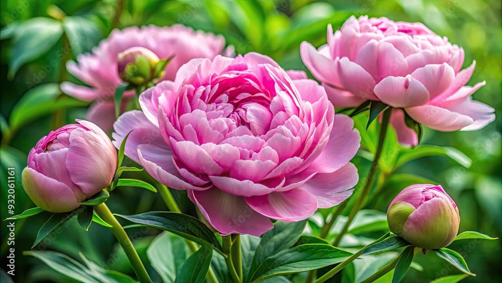 Delicate pink peony blooms amidst lush green foliage, tender petals unfolding from tightly wrapped buds, soft natural light highlighting intricate leaf veins and flower texture. Delicate pink peony blooms amidst lush green foliage, tender petals unfolding from tightly wrapped buds, soft natural light highlighting intricate leaf veins and flower texture.