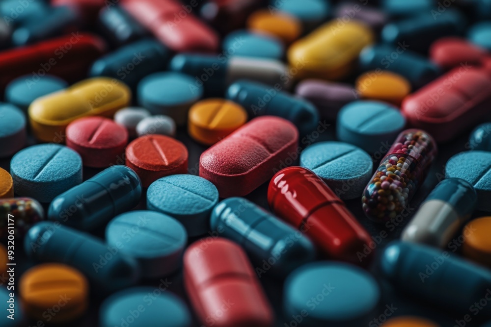 Colorful close up of various pills and capsules on a dark background symbolizing the diversity and vibrancy of modern healthcare Colorful close up of various pills and capsules on a dark background symbolizing the diversity and vibrancy of modern healthcare