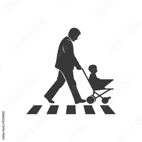 Silhouette of a person pushing a stroller across a crosswalk