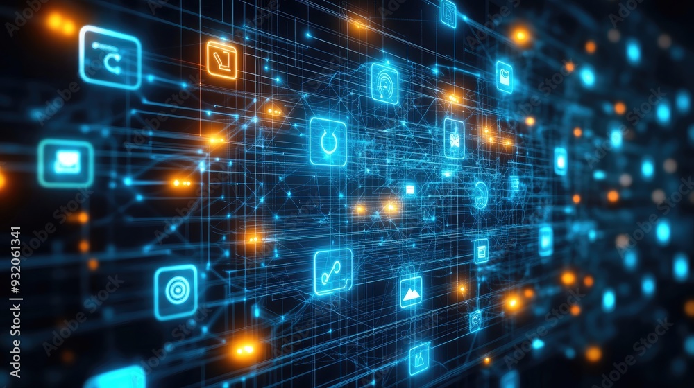 a digital screen in front of, with business-related app icons floating around a digital screen in front of, with business-related app icons floating around