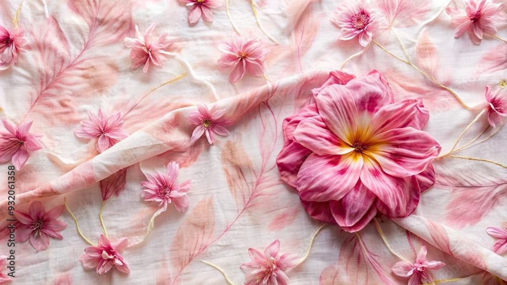 Delicate pink petals unfold from a intricately folded and dyed shibori fabric, embracing a gentle bohemian aesthetic with soft, romantic, and whimsical undertones.