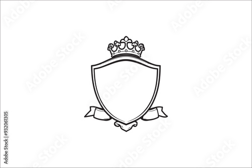 
Crown headed Shield silhouette.  Heraldic emblem crest shield with crown on white background.