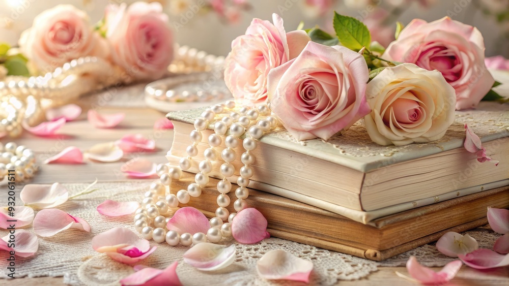 Delicate pink rose petals and buds scattered across a soft, creamy background, surrounded by vintage-inspired books, lace, and pearls, evoking romantic nostalgia. Delicate pink rose petals and buds scattered across a soft, creamy background, surrounded by vintage-inspired books, lace, and pearls, evoking romantic nostalgia.