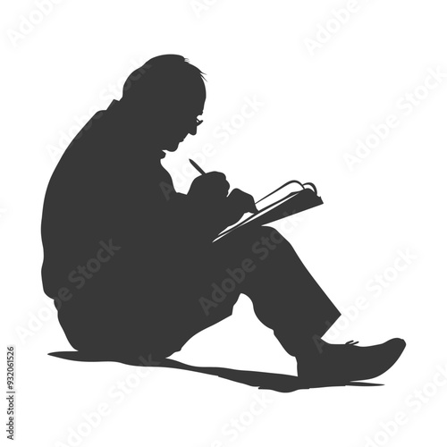 Silhouette of a person sitting and writing in a notebook