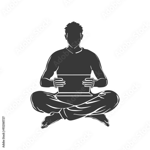 Silhouette of a Person Sitting in Lotus Pose with a Laptop