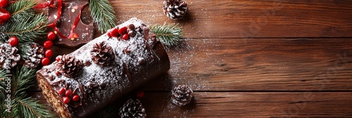 Delicious Chocolate Yule Log on Wooden Background with Christmas Decorations - A chocolate yule log covered in powdered sugar, with red berries and pine sprigs, rests on a rustic wooden surface, creat photo