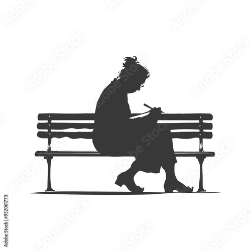 Silhouette of a Person Sitting on a Bench and Writing