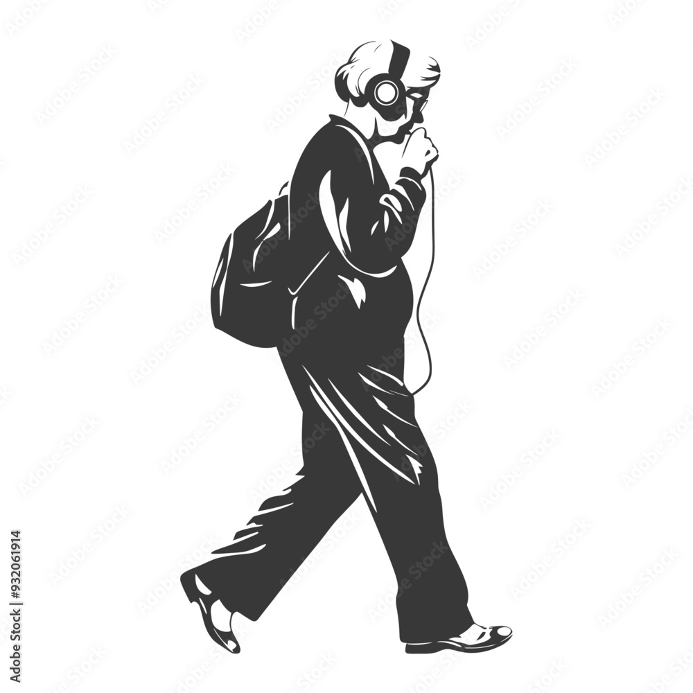 Fototapeta premium Silhouette of a Person Walking with Headphones and a Backpack