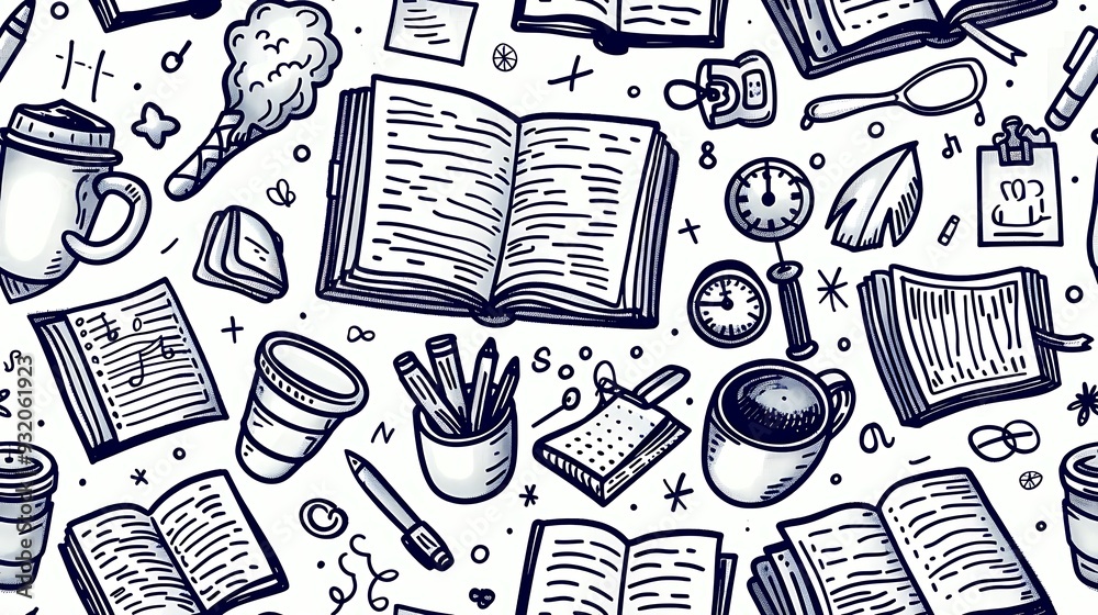 A seamless pattern of doodles with study session essentials such as open books, coffee cups, highlighters, and sticky notes, alongside fun items like bookmarks and paper clips,
