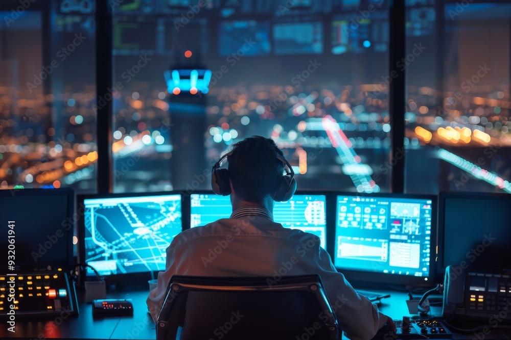 Fototapeta premium Rear view of a air traffic controller at his position
