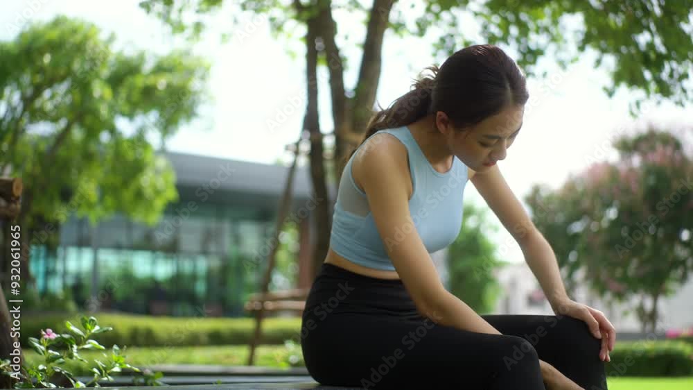 Young sporty slim asian woman in activewear suffering pain knee injury in the park, female feeling pain after exercise outdoor at park, muscle pain and health problem in woman health insurance.
Young sporty slim asian woman in activewear suffering pain knee injury in the park, female feeling pain after exercise outdoor at park, muscle pain and health problem in woman health insurance.