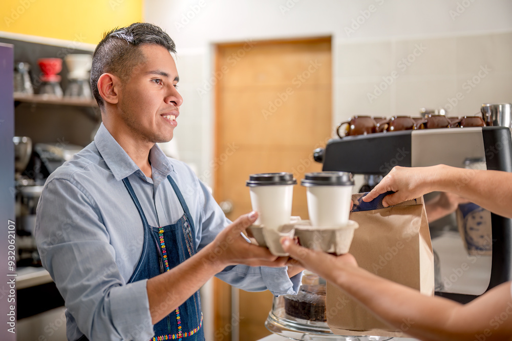 Young Latino delivers food and drinks to his customer. Young Latino delivers food and drinks to his customer.