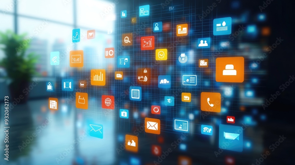 a digital screen in front of, with business-related app icons floating around a digital screen in front of, with business-related app icons floating around