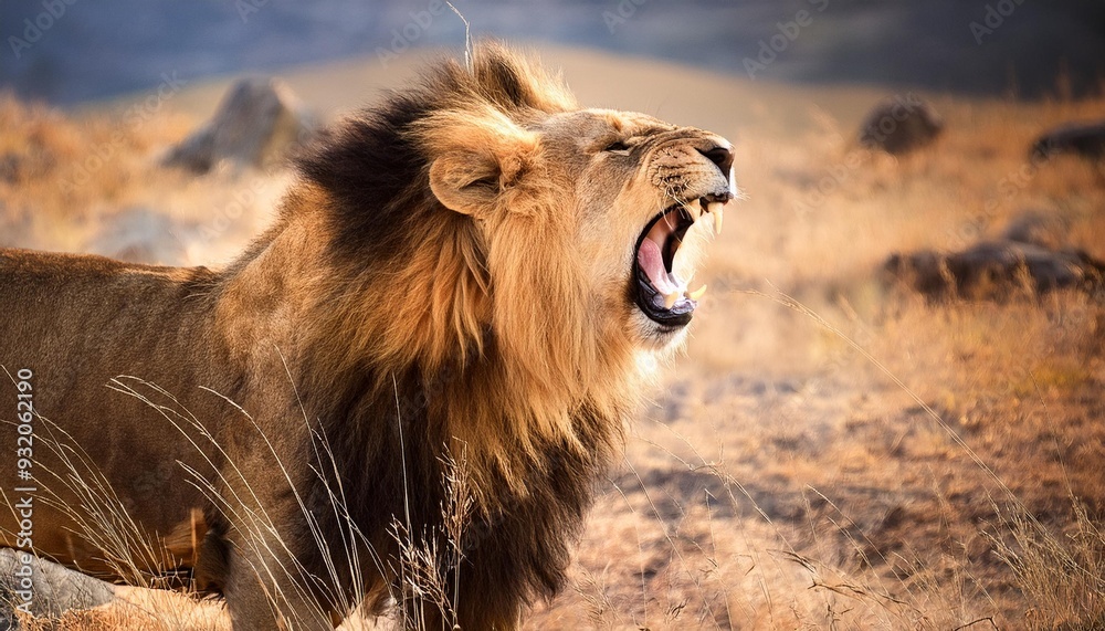 Fototapeta premium Majestic Lion Roaring in the Golden Savanna