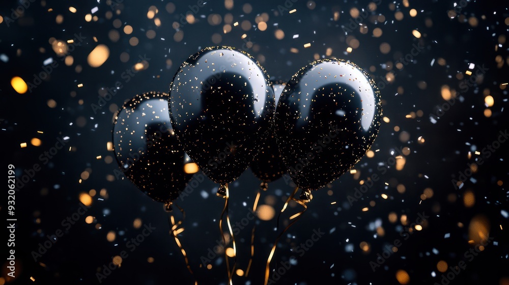 Balloons on a black background and confetti Balloons on a black background and confetti