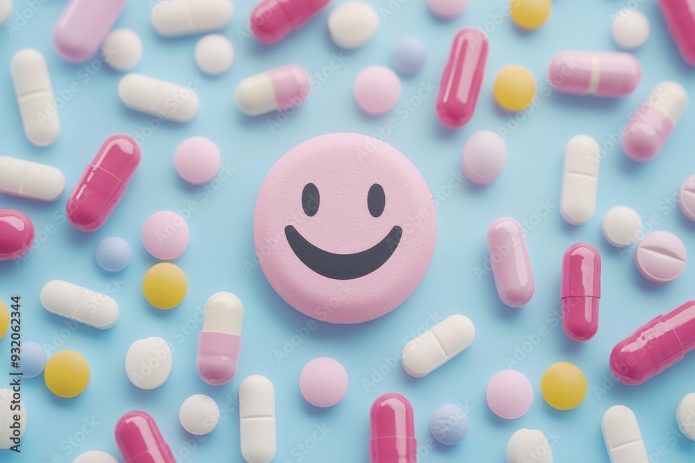 Playful arrangement of pills and capsules forming a smiley face on a light blue background symbolizing creativity and positivity in healthcare Playful arrangement of pills and capsules forming a smiley face on a light blue background symbolizing creativity and positivity in healthcare