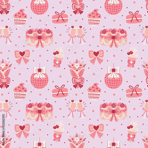 Coquette Aesthetic Party Desserts and Drinks on Pastel Purple Seamless Pattern Design