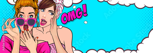 Woman whispering gossip secret to her friend surprise In Retro Vintage Pop Art Comic Style