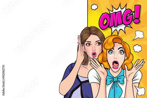 Woman whispering gossip secret to her friend surprise In Retro Vintage Pop Art Comic Style