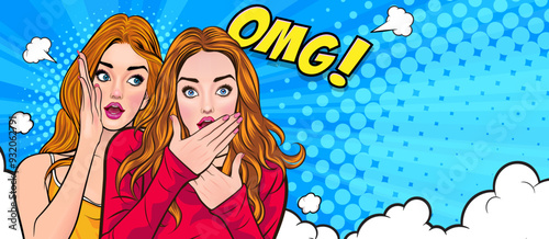 Woman whispering gossip secret to her friend surprise In Retro Vintage Pop Art Comic Style