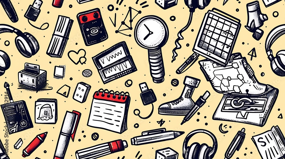 A seamless pattern of doodles with tech class items such as laptops, tablets, headphones, and coding symbols, mixed with fun items like microchips and USB drives, in a vibrant and sleek color scheme,