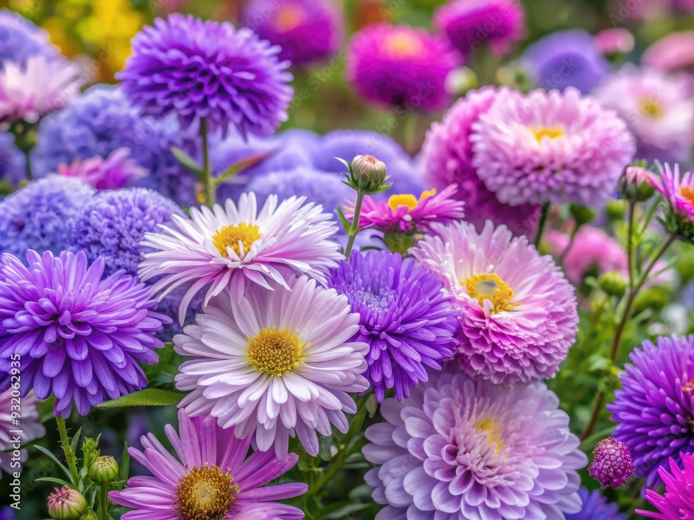 Obraz premium Delicate violet chrysanthemums and lilac Asters bloom alongside Callistephus and annual asters, filling the autumn garden with a kaleidoscope of soft, pastel hues and textures.