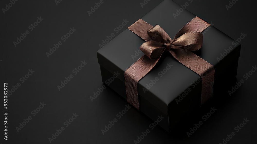 Black gift box with brown ribbon on black background Black gift box with brown ribbon on black background