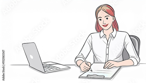 Woman signing document at desk with laptop