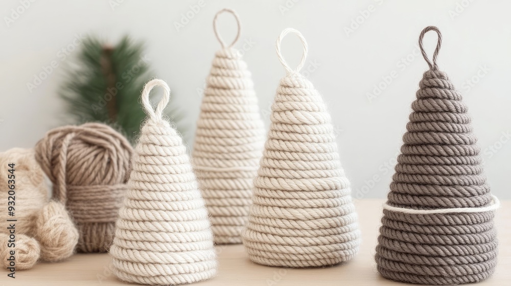 Handcrafted yarn-wrapped trees in pastel shades create a cozy holiday atmosphere against a soft, neutral background with a dreamy bokeh effect Handcrafted yarn-wrapped trees in pastel shades create a cozy holiday atmosphere against a soft, neutral background with a dreamy bokeh effect