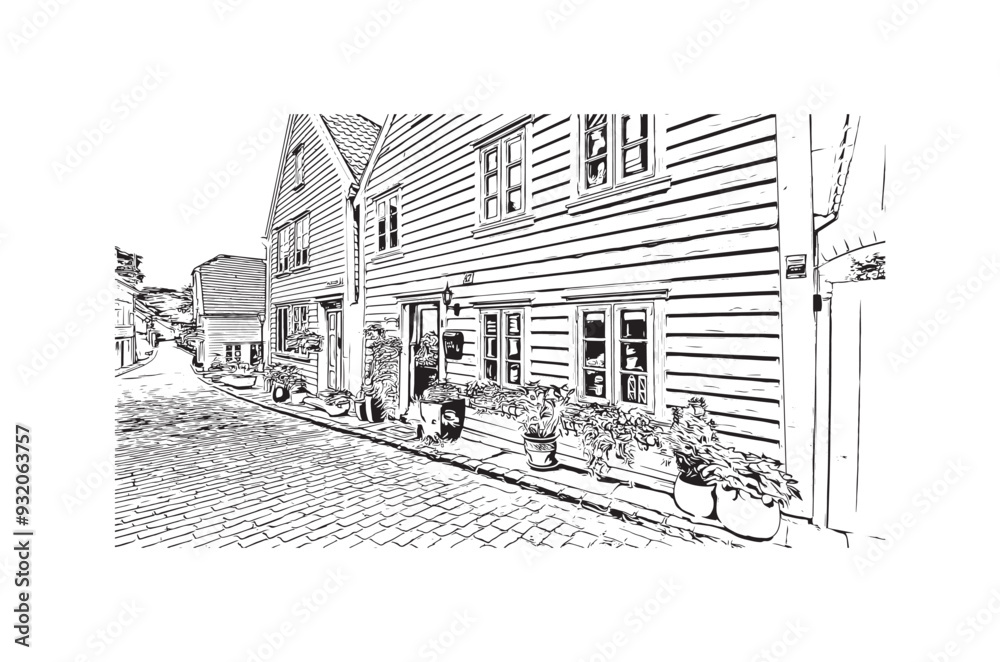 Print Building view with landmark of Stavanger is the city in Norway. Hand drawn sketch illustration in vector.