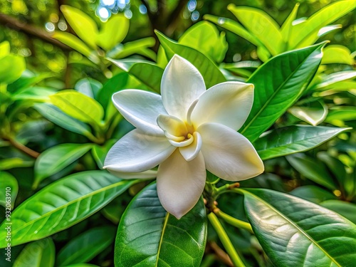 Delicate white Wijaya Kusuma flower, symbolizing glory, blooms amidst lush green leaves, its beauty untainted by time, in a serene natural setting. photo