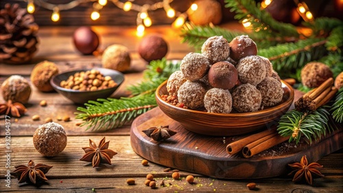 Delicious homemade chocolate truffles, rolled in cocoa powder and chopped nuts, arranged on a rustic wooden table, surrounded by festive holiday decorations.