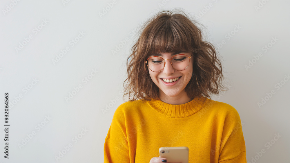 © gerson - Chica Feliz Usando su Teléfono en Fondo Blanco