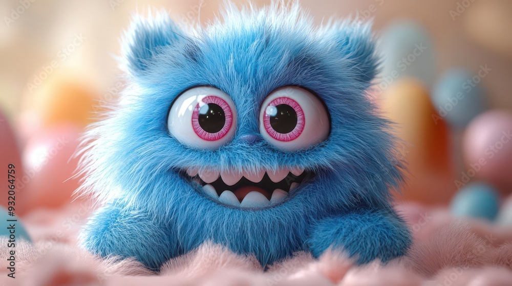 adorable 3d rendered monster character with fluffy blue fur large expressive eyes and a goofy grin set against a pastel background with playful geometric shapes adorable 3d rendered monster character with fluffy blue fur large expressive eyes and a goofy grin set against a pastel background with playful geometric shapes