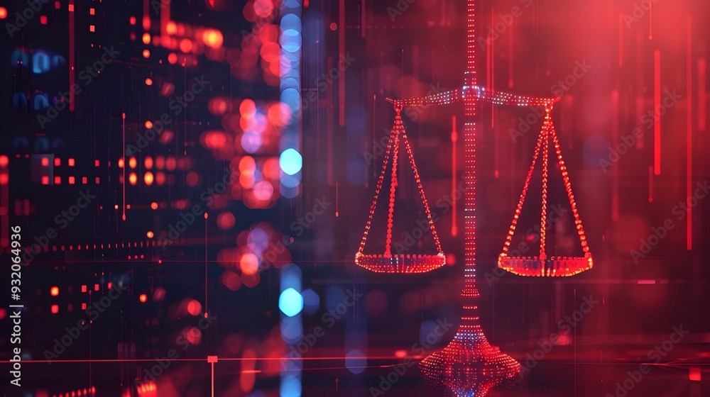 Law scales against the data center's backdrop. The dual nature of the judiciary, jurisprudence, justice, and data in the contemporary world is a concept of digital law. Make a copy of the space Law scales against the data center's backdrop. The dual nature of the judiciary, jurisprudence, justice, and data in the contemporary world is a concept of digital law. Make a copy of the space