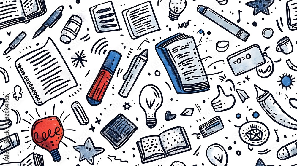 A seamless pattern showcasing doodles of language learning tools like dictionaries, flashcards, and speech bubbles filled with foreign characters, in a vibrant color palette,