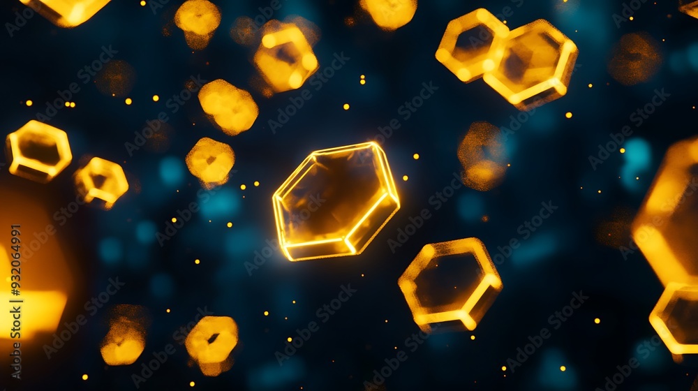 Illuminated Yellow Hexagons Against Night Sky - Futuristic 3D Render Illuminated Yellow Hexagons Against Night Sky - Futuristic 3D Render
