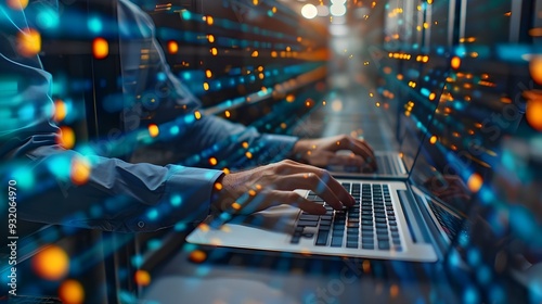 A man at a data center using a laptop. The digital world is in the hands of a man with expertise.