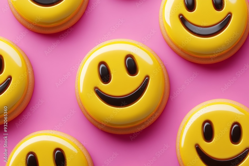 Fototapeta premium Yellow smiley face pills arranged on a pink background symbolizing the uplifting and joyful effects of medicine and healthcare in a vibrant and cheerful design