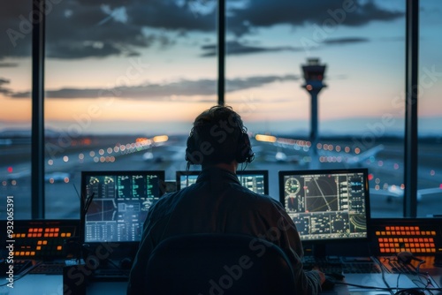 Rear view of a air traffic controller at his position