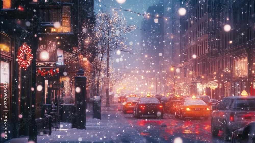 Fototapeta premium cold snowy winter in new york city usa, beautiful cozy christmas view atmosphere. foggy evening with light lanterns. traffic road with cars. wallpaper background 16:9